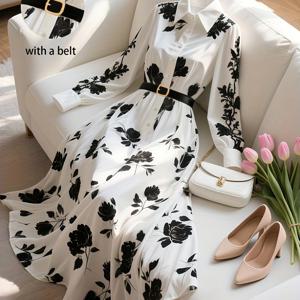 TEMU 여성용 벨트가 있는 봄/가을 신상 프렌치 레트로 플로럴 프린트 우아한 롱 드레스, 캐주얼 출퇴근 및 휴가복