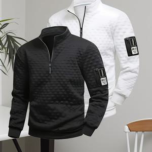 TEMU [Yulemi Obm] 남성용 - 3가지 색상으로 제공 - 블랙 - 화이트 - 그레이 - 라센 헨리 셔츠, 지퍼형 라운드넥, 세탁기 사용 가능, 간편한 스포츠웨어 - 지퍼 포함, 폴리에스터 스트레치 - 탄성 커프스, 봄/가을에 적합