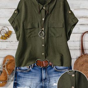 TEMU 플러스 사이즈 - 플러스 사이즈 - 플러스 사이즈 여성 여름 단색 캐주얼 반팔 가디건, 페이크 버튼 및 포켓, 탑