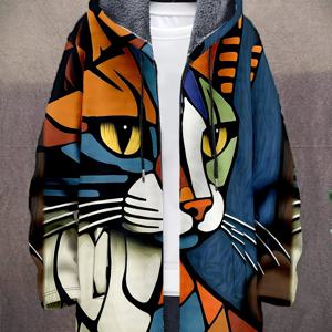 TEMU 남성용 겨울 후드 코트, 두꺼운 플러시 가디건 디자인, 추상적인 고양이 패턴, 따뜻한 지퍼