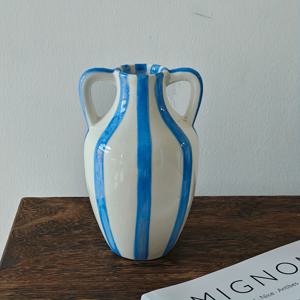 TEMU 1개 미국 레트로 INS 스타일 손으로 칠한 이중 귀 세라믹 꽃병, 거실 식당 사무실 홈 데코 장식품