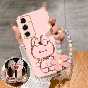 TEMU 휴대폰 케이스 - ACANRIES 생생한 비즈 핑크 플로럴 끈 손목 스트랩 체인 귀여운 거울 접이식 홀더 도금 휴대폰 케이스 (삼성 갤럭시 S24/S24 FE/S24 플러스/S25/S25 FE/S25 플러스, 여성용 TPU 충격 방지 스탠드 백 커버)
