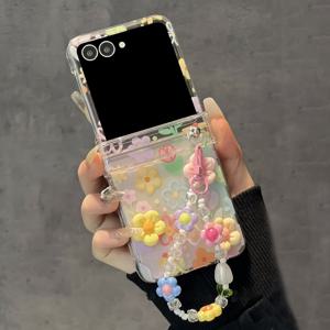 TEMU 폰 케이스: 스타일리시 3D 꽃무늬 컬러풀 플로랄 패턴 투명 폰 케이스, 삼성 갤럭시 Z 플립 7 Z 플립6 5 Z 플립4 플립3 투명 보호 커버 + 팔찌 세트