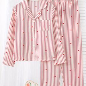 TEMU 2개 세트 핑크 수박 레드 작은 하트 긴팔 상하의 파자마 세트, 라펠 긴팔 가디건, 루즈핏 캐주얼 편안한 고급 소재 바지, 여성용 잠옷 및 라운지웨어 세트