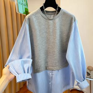 TEMU 가을 시즌용 라운드넥 긴팔 프린트 패치워크 스웨트셔츠, 여성 가을 의류, 블루 앤 화이트 스웨트셔츠, 여성용 가을/겨울 후드티