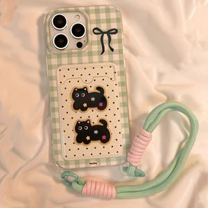 TEMU 휴대폰 케이스 - 투명 격자 폴카 도트 패턴 더블 고양이 폰 케이스, 넥스트랩 포함, 아이폰 17/17 에어/16/15/14/13/12/11 Pro Max/Xr/Xs/Xs Max 시리즈에 적합, 할로윈, 크리스마스, 생일 선물로 완벽
