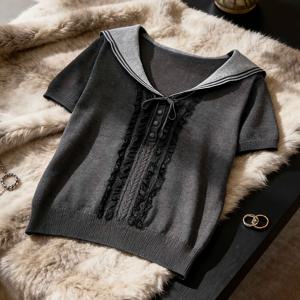 TEMU REZUOFI 여성용 반팔 블라우스 - 슬림핏 칼리지 스타일 탑, 네이비 칼라 & 레이스 소매, 대비 트림, 중간 신축성, 봄/여름용, 사무실, 캐주얼, 세미포멀 웨어, 세탁기 사용 가능