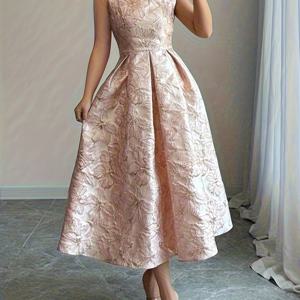 TEMU 여성용 우아한 라인 플로랄 자카드 드레스 - 민소매 라운드넥 미디 길이 이브닝 가운, 라인 실루엣, 세탁기 사용 가능한 웨딩 게스트 가운, 파티, 프롬, 세미포멀 이벤트용 - 논스트레치 원단 (S 사이즈 적합)