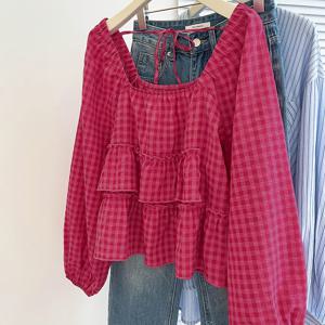 TEMU 여성용 루즈핏 빈티지 스타일 러플 체크 스퀘어넥 퍼프 슬리브 셔츠
