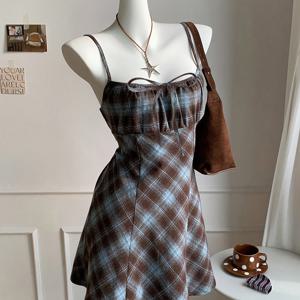 TEMU 여성 브라운 블루 체크무늬 스파게티 스트랩 미니 드레스, 리본 디테일 및 A라인 핏