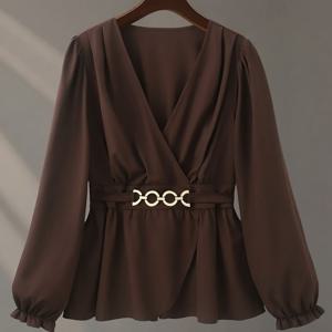 TEMU 플러스 사이즈, 여성용 플러스 사이즈 V넥 긴팔 블라우스 - 비대칭 메탈 버튼 허리 - 캐주얼 & 스마트 셔츠 (봄/가을, 오피스, 쇼핑용) - 플러스 사이즈 탑 (내구성 강한 메탈 버튼, V넥 칼라) - 논스트레치 솔리드 컬러 버튼프론트 디자인