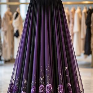 TEMU 새로운 스타일리시 빈티지 프렌치 스타일 퍼플 프린트 여성용 A라인 맥시 스커트, 우아한