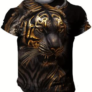 TEMU 남성용 3D 호랑이 그래픽 티셔츠 - 통기성 & 신축성 여름용 반팔 티, 호랑이 얼굴 프린트, 캐주얼 라운드넥 탑, 캐주얼 복장, 파티 및 야외 활동에 적합 - 편안한 캐주얼 웨어
