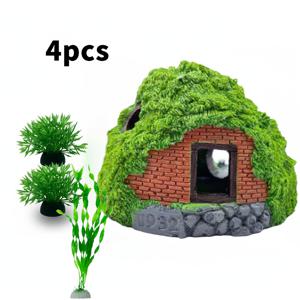TEMU 4개 대형 이중 레이어 이끼 캐빈, 식물 3개 포함, 물고기 및 파충류를 위한 사실적인 레진 동굴 은신처 - 다중 입구 은신처, 자연 풍경 수족관 장식, 베타 물고기 서식지 장식품 (탱크용)