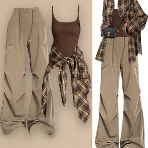 TEMU 여성용 Y2K 하라주쿠 스트리트웨어 3피스 세트 - 체크무늬 오버사이즈 루즈핏 매칭 세트 (하이웨이스트 와이드 레그 카고 팬츠, 드로스트링 & 매칭 조끼 포함) - 사계절 캐주얼 의상, 패션 의류