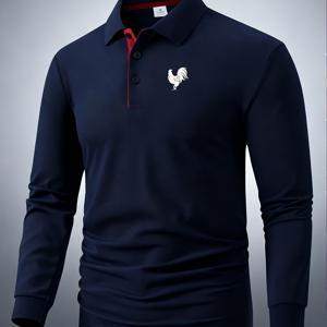 TEMU C8-505 수탉 로고 신상 고급 컬러 블록 남성용 프린트 긴팔 폴로 셔츠, 남성을 위한 스타일리시한 캐주얼 스포츠 탑, 편안하고 통기성이 좋은 원단으로 제작되었으며, 버튼 칼라가 있는 다용도 레귤러 핏을 특징으로 합니다.