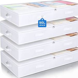 TEMU 4개 세트 침대 밑 수납백, 23.78갤런 접이식 순백색 패브릭 수납박스 지퍼포함, 담요, 수건, 옷, 침구 등에 적합 - 공간절약형 디자인, 강화된 손잡이, 다용도 수납공간, 다목적 수납 | 퀼트 수납백 | 내구성 있는 수납, 의류 수납박스, 침대 밑 수납