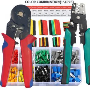 TEMU 와이어 압착 공구 세트 (와이어 스트리퍼, 압착 플라이어, 터미널 포함) + 164개 열수축 튜브, HSC8 6-4A AWG 23 압착 플라이어 + 멀티펑션 자동 와이어 스트리퍼 + VE 터미널 + 164개 열수축 튜브 | 헥스 커넥터 압착기, 내구성 있는 플라스틱 핸들 및 와이어 유지보수 클램프, 가정 및 전문 전기공사용