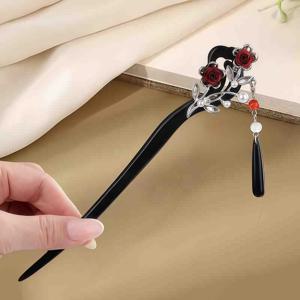 TEMU 새로운 중국풍 우아한 기품의 술 머리핀, 치파오 한푸 올帯머리핀, 신선하고 심플한 올머리핀용 나무 머리핀