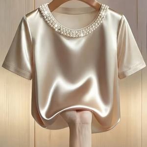 TEMU 진주 장식이 있는 우아한 새틴 라운드넥 반팔 블라우스