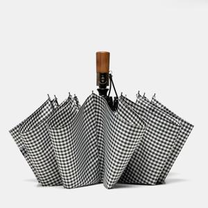 TEMU 원터치 우드손잡이 3단 남성 클래식 우산, UV자외선차단 발수코팅, 비즈니스 직장인 체크우산, 원버튼 자동 개폐 접이식