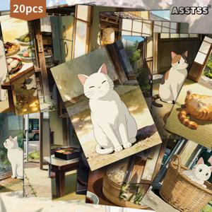 TEMU ASSTSS 빈티지 일본 애니메이션 고양이 엽서 20개 팩 - 4x6인치 잡지 저널용지 용품, 스cra프북킹 용품, 수집용 장식 페인팅 카드, 스크랩북킹 및 공예용