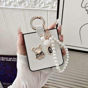 TEMU 휴대폰 케이스 - 럭셔리 악어 패턴 진주 체인 휴대폰 케이스, 사랑의 하트 펜던트 포함, 갤럭시 Z 플립 3 4 5 6 7 사용자에게 적합, 플립 휴대폰 케이스