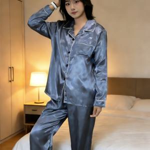 TEMU 여성용 심플하고 캐주얼한 긴팔 상의와 바지 파자마, 라펠 가디건 포함, 봄, 여름, 가을 착용에 적합