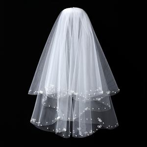 TEMU 미니어처 비즈 장식이 돋보이는 우아한 화이트 브라이덜 베일 - 숄더 길이 - 신부 결혼식 장식 액세서리로 적합한 교회 베일