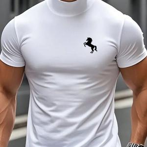 TEMU 남성 캐주얼 하이넥 반팔 티셔츠 | 패셔너블하고 쉬운 창의적인 말 패턴, 피트니스 및 러닝용, 중간 정도 신축성 있는 원단, 올 시즌 착용 가능