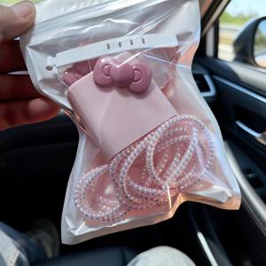 TEMU 5세트 [핑크 리본 충전 헤드 보호 케이스 + 케이블 비트 2개 + 로프 + 타이]. 아이폰 15/14, 18W/20W 충전기 호환, 구부러짐 방지. 귀여운 장식과 재미있는 디자인으로 선물 및 패션 애호가에게 완벽합니다.