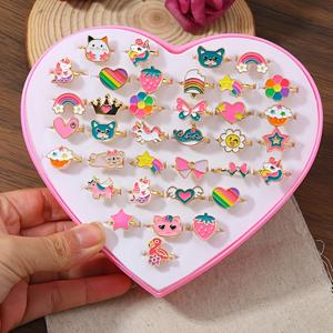 TEMU 새로운 러브 하트 박스 S's 에나멜 컬러 반지 세트, 36개입 리틀 귀여운 만화 반지, 생일 선물 주얼리