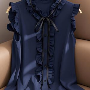 TEMU 플러스 사이즈 여성용 단색 민소매 러플 탑 | 보타이넥라인과 버튼 클로저가 있는 우아한 출퇴근용 블라우스