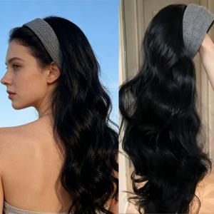 TEMU 26인치 그레이 와이드 밴드 헤어밴드 롱 컬리 헤어 - 하프 헤어밴드 가발 - 올인원 헤어밴드 가발 - 일상 착용에 편리하고 간편 - 헤어 연장 및 볼륨 추가 - 내열성 합성 섬유 가발