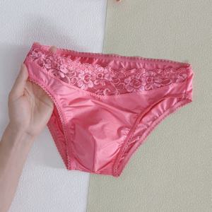 TEMU 남성용 시스루 레이스 팬티 - 핑크 & 블랙 레이스 패널, 고탄력 삼각형 팬티, 일상용 솔리드 컬러 팬티 - 손세탁 가능한 편안한 남성용 팬티