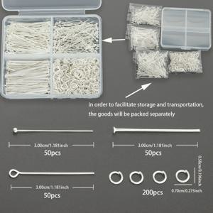 TEMU 350개/박스 은색 DIY 주얼리 핀 제작 키트, 오픈 점프 링 50개, 볼 헤드 핀 50개, 플랫 헤드 핀 50개, 점프 링 200개 포함. 펜던트, 구슬, 팔찌, 목걸이, 귀걸이, 헤어 액세서리, 지갑 액세서리 제작, 주얼리 액세서리, 오픈 점프 링, 구슬 커넥터, 가방 연결 핀 및 기타 수제 주얼리 액세서리 재료용으로 적합