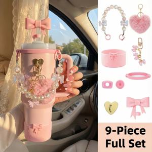 TEMU 9피스 텀블러 액세서리 세트 - 진주 핸들 체인, 실리콘 부츠 & 스필 스토퍼, 핑크 리본 & 하트 참, 빨대 커버 포함 - 여성 및 소녀용 40oz/30oz 병 장식 (선물용)