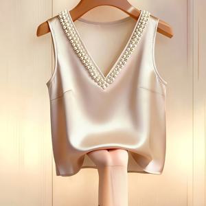 TEMU 우아한 V넥 비즈 새틴 샴페인 컬러 민소매 캐주얼 탑, 신상 여름 패션 스타일, 우아하고 다재다능한 여성 셔츠. 비즈니스 오피스 웨어, 다재다능하고 스타일리시한 데일리 캐주얼 웨어, 도시 교사 프로페셔널 웨어