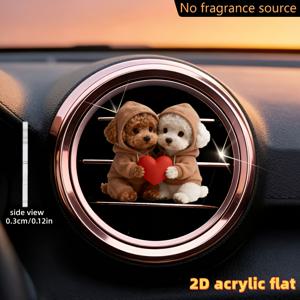 TEMU 하트를 잡고 있는 귀여운 테디 강아지 두 마리가 있는 2D 평면 디자인으로, 차량 에어 벤트 클립 장식으로 디자인되었습니다. 