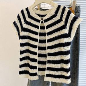 TEMU 2026 신상 패션 유니크 크루넥 캐주얼 버튼 카디건, 여성용 디자인 살구색 & 블랙 탑, 여름 홀아웃 통기성 루즈핏 반팔 비치 휴가 아우터웨어