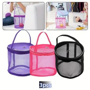 TEMU 조임, 재봉 부자재 및 뜨개질 용품 보관을 위한 지퍼와 후크가 특징인 메쉬 뜨개실 정리함 3개 세트, 재봉 용품, 실 공, 코바늘 세트, 실 보관에 적합한 휴대용 뜨개실 보관 가방