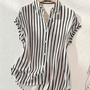 TEMU 우아한 여성용 오프숄더 반팔 셔츠 | 싱글 브레스트 라펠 칼라, 버튼 디테일, 레귤러 핏, 봄/여름/가을용