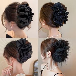 TEMU 4개 세트 우아한 블랙 버블 헤어 클로 세트 - 리본 프린트, 태슬, 실버 와이어 별하늘 헤어 클립, 여성용, 데일리웨어, 파티, 웨딩 및 기타 행사에 적합