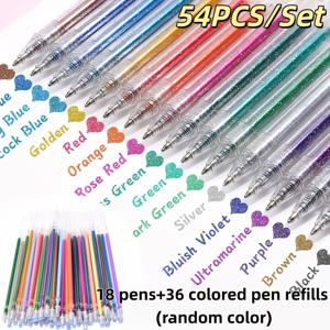 TEMU 54개 색상 변경 글리터 펜 세트, 반짝이는 유동모래 스파클링 별이 빛나는 젤리펜, 저널링 및 드로잉용 오로라 쉬머 형광펜, 펜 18개 + 리필 36개