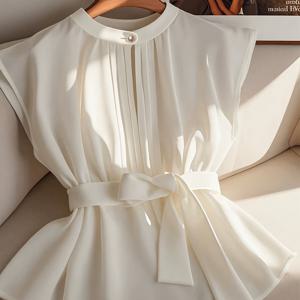 TEMU 우아하고 세련된 봄/여름 신상 여성용 솔리드 컬러 라운드넥 캐주얼 출근용 벨티드 허리라인 슬리브리스 블라우스