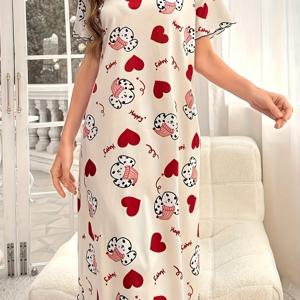 TEMU 여성용 우아한 도트 무늬 강아지 프린트 나이트가운 - 라운드 넥, 반팔 슬립 드레스, 사계절 편안함, 세탁기 사용 가능, 캐주얼 라운징 & 잠옷용 귀여운 동물 프린트 디자인, 편안한 잠옷, 재미있는 나이트웨어, 고품질 잠옷, 내구성 있는 여성용 잠옷, 포근한 나이트웨어, 통기성 소재, 성인용 잠옷