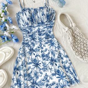 TEMU 여름 한정판 여성용 청키 메쉬 도트 프린트 A라인 플리츠 피티드 웨이스트 드레스