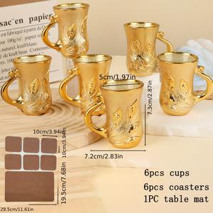 TEMU 유럽 스타일 금박 양각 유리컵, 커피컵, 찻잔. 거실 장식용 찻잔, 커피컵, 호텔 상업용 컵, 가정용 파티 차와 커피컵, 창의적인 음료컵, 유리 식기 세트, 어머니의 날 선물. 13개 세트 (컵 6개 + 코스터 6개 + 테이블 매트 1개)