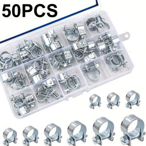 TEMU 50개 연료 라인 클램프, 8가지 사이즈(7-16mm) 연료 주입 호스 클램프, 자동차, 선박, 트럭, 디젤 호스 피팅, 트럭 엔진 부품, 디젤/가솔린 라인용 갈바나이징 고압 호스 클램프, 강화형 헤비듀티 클램프