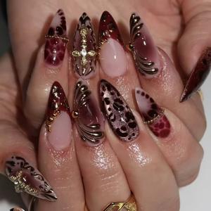 TEMU 수제 3D 아몬드형 인조 네일 24개 세트, 빈티지 라이트 럭셔리 누드 핑크 대비 색상 메탈릭 프린트 크로스 네일 스티커, 글리터 프린트 캣아이 네일 아트 용품, 젤리 접착제와 네일 파일 포함 12가지 사이즈, 여성을 위한 스타일리시하고 활용도 높은 재사용 가능한 살롱 인조 네일 장식, 여성을 위한 선물용으로 적합